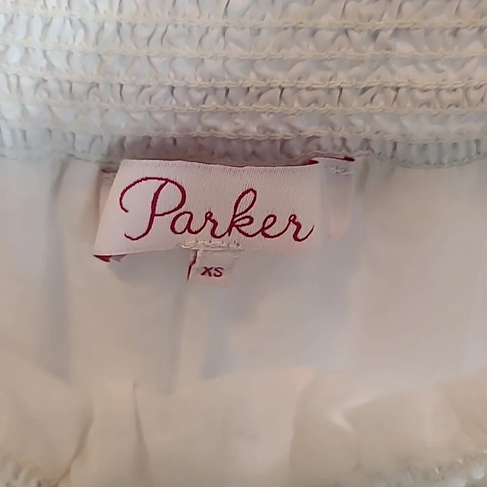 Parker Jace Cotton Poplin Blue Floral Embroidered Smocked Off Shoulder Dress XS - Picture 3 of 5